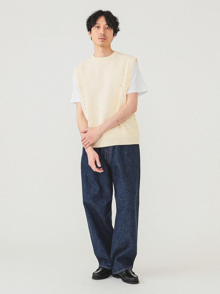 Beams Men's Mesh Knit Vest, Natural, Size L, 11050252803