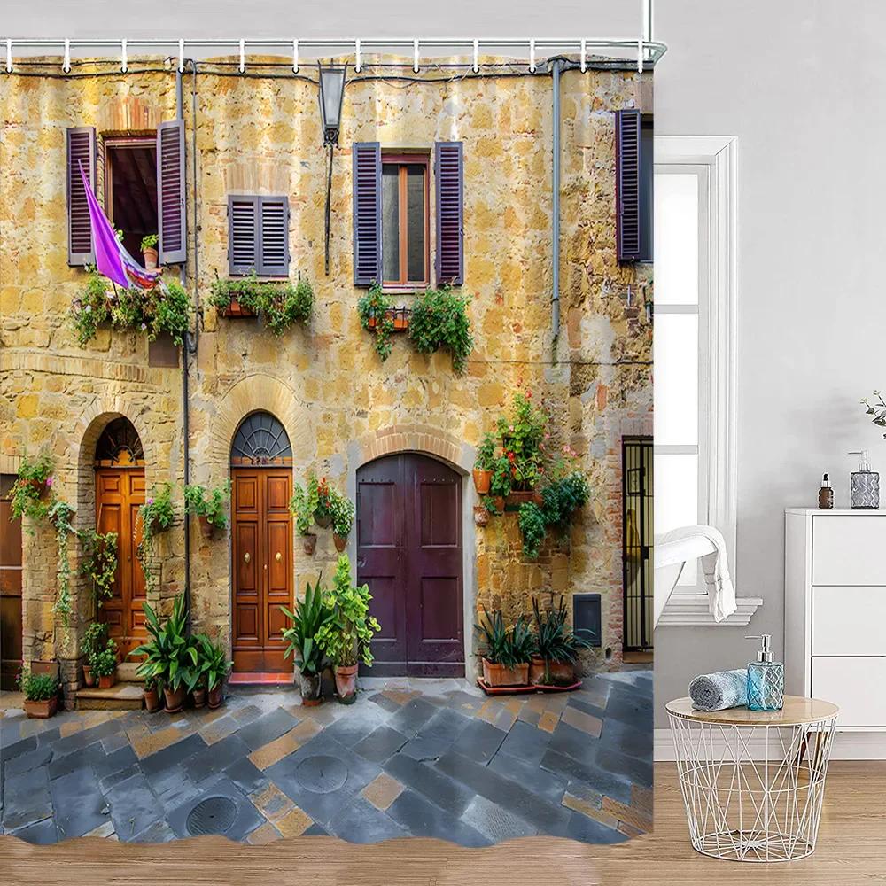 Vintage European Style Street View Shower Curtain Street View Old Stone Wall Plant Bathroom Curtain Bath Decoration