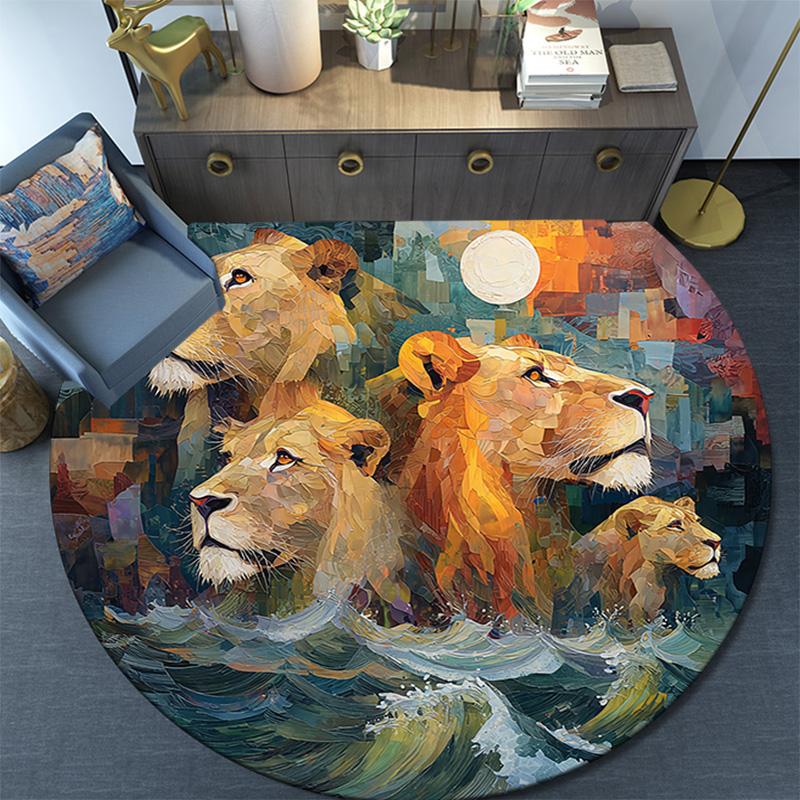 Lion Round Area Rug,Carpet Rug for Living Room Bedroom Sofa Playroom Decor,Non-slip Floor Mat