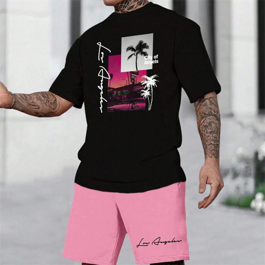 2025 Summer New Men's Short Sleeve Palm Tree Print Two Piece Drawstring Shorts Set Fashion Men's Vacation Beach Casual Suit