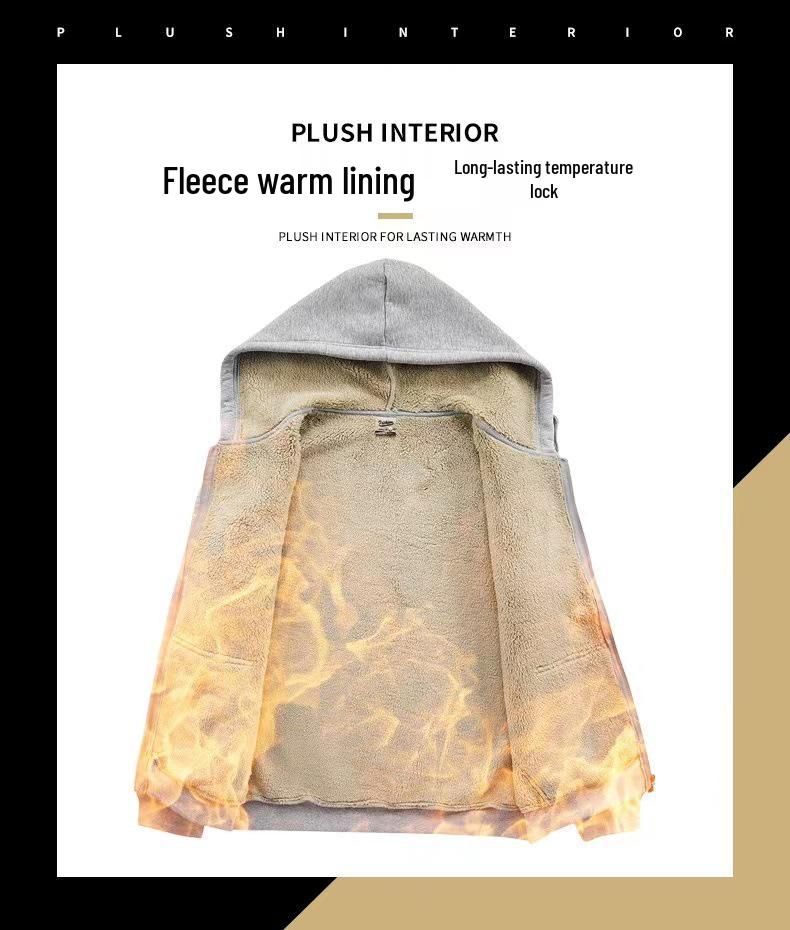 Men's Hooded Lambswool Jacket, Plus Velvet Thick, Casual Pure Color, Autumn/Winter Style with Zipper