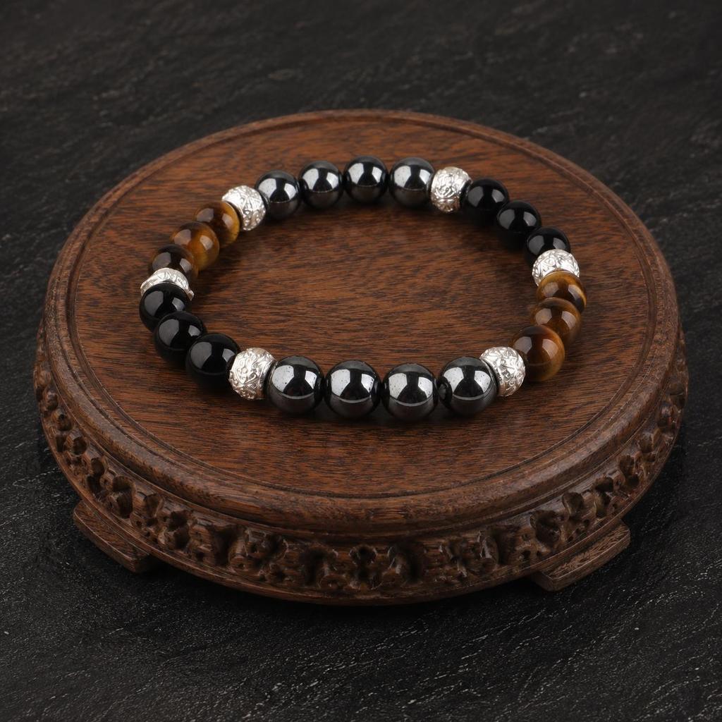8mm Tiger Eye and Hematite Bracelet with Black Onyx Beads and Silver-Tone Accents Handmade Jewelry For Gift DB-14