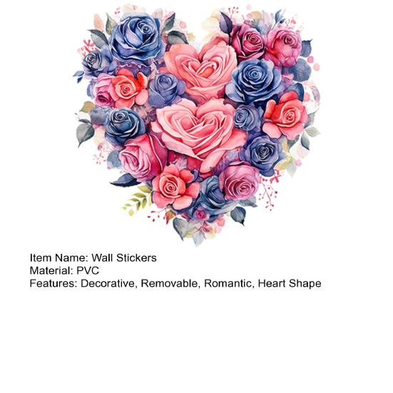 Watercolor Rose Heart Wall Stickers, Peel And Stick Pink Blue Floral Decals, Removable Waterproof PVC Flower Stickers for Bedroom Living Room