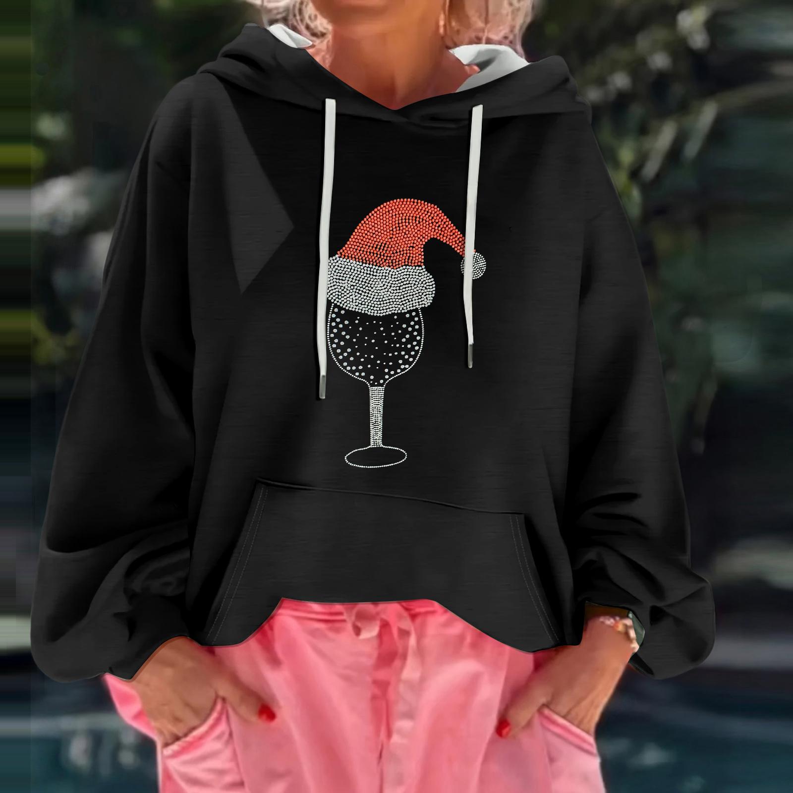 

Женский рождественский принт, свободный повседневный худи с длинным рукавом и капюшоном L чёрный