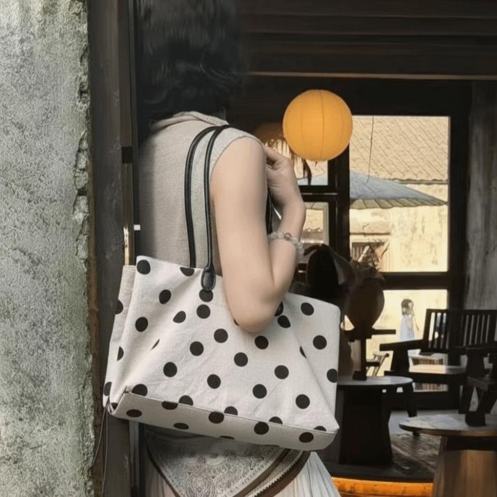 Double Zipper Nylon Tote Bag Solid Black Large Capacity Handbag Polka Dot Shoulder Bag Daily Use