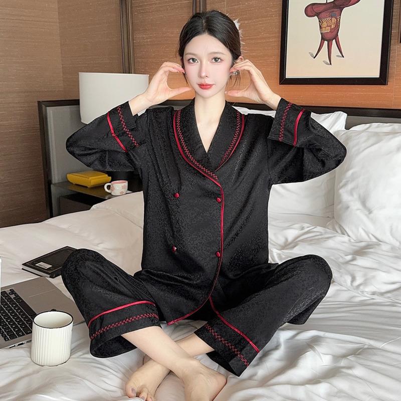 Autumn New Two-piece Style Pajamas for Women Ice Silk Jacquard Dark Striped Pajamas Set