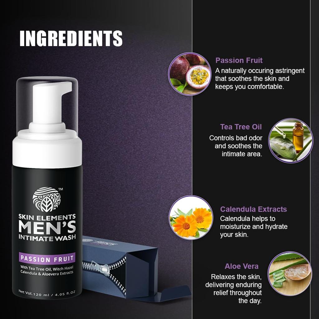 Skin Elements Pánský intimní mycí gel s marakujou | Pěnivý mycí gel s vyváženým pH | Zklidňuje, osvěžuje a udržuje hygienu | 120 ml