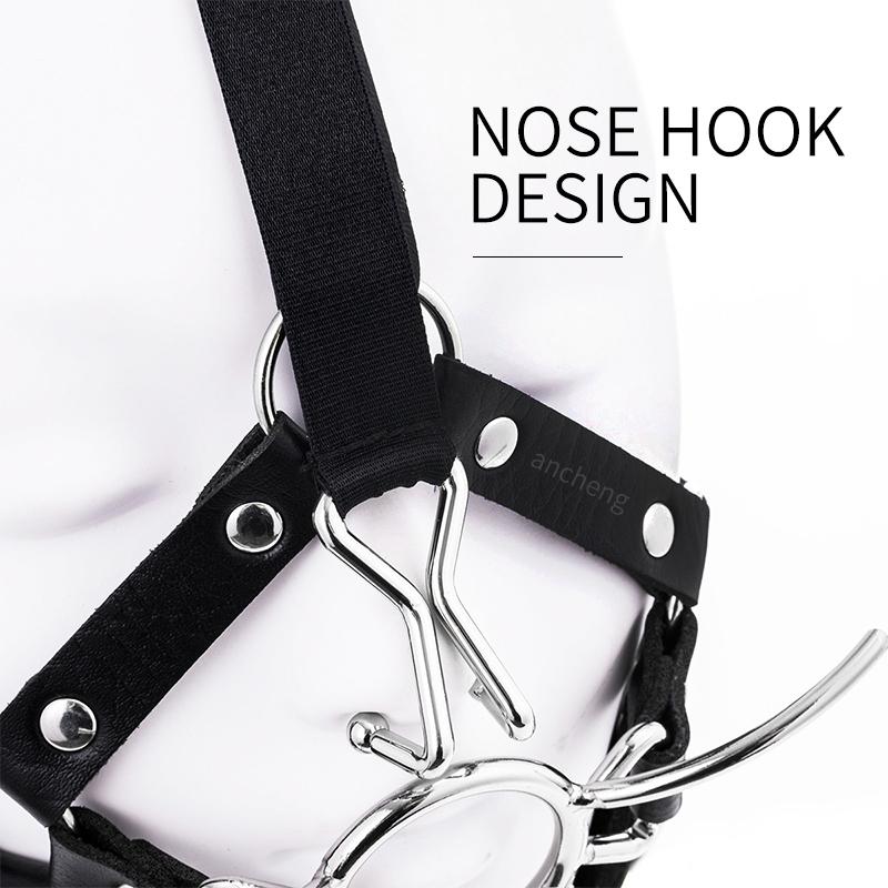 Bdsm Sex Toys PU Leather Slave Face Mouth Gag with Congestion Nose Hook Metal Ring for Woman Men Horse Harness SM
