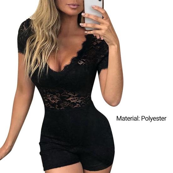 Women Jumpsuit Solid Color Hidden Zipper Slim Fit See-through Lace Summer Romper Party Clothes