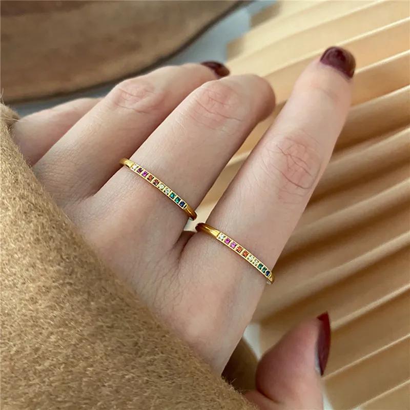 2PCS/Set Stainless Steel Rainbow Color Cubic Zircon Stone Finger Rings for Women INS Gold Color Waterproof Stars Ring Zircon
