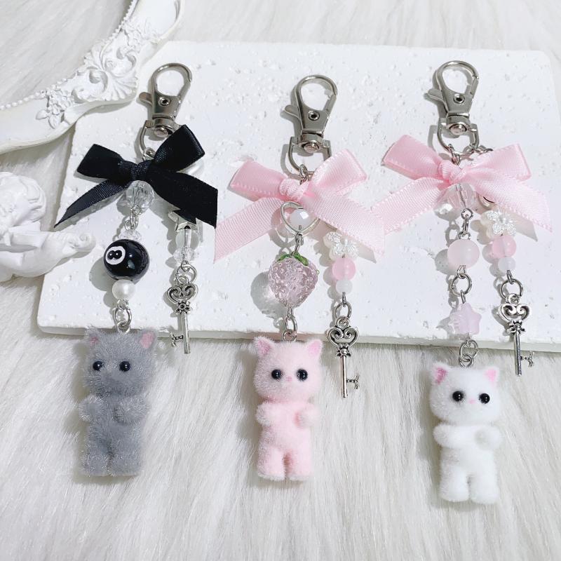 1 Pieza Llavero de Lazo Y2K Lindo Gato de Felpa Dibujos Animados Llavero Para Mujeres Niñas Bolso Mochila Colgante Decoración Regalo