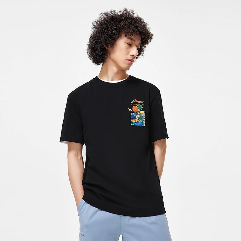 Li-Ning Sports Lifestyle Series Printed Letter Round Neck Pullover Short Sleeve T-shirt Men Tops Black AHST177-4