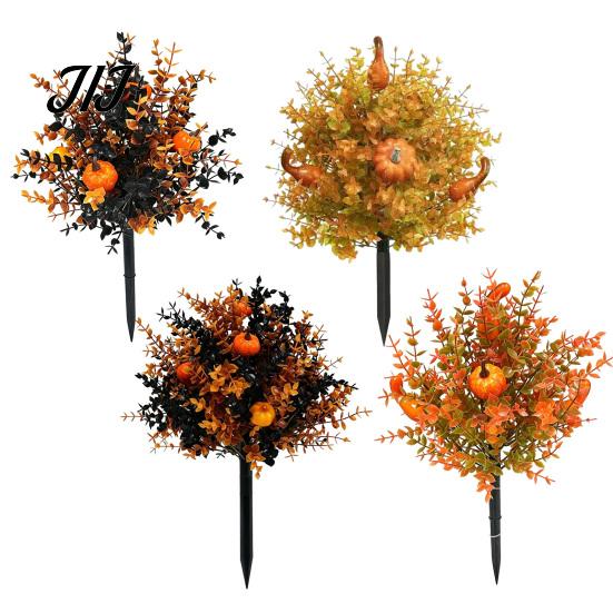 Harvest Themed Lawn Ornament Fall Pumpkin Topiary Trees with Stakes, Artificial Autumn Eucalyptus Leaf Gourd Weather Resistant Garden Walk Stakes