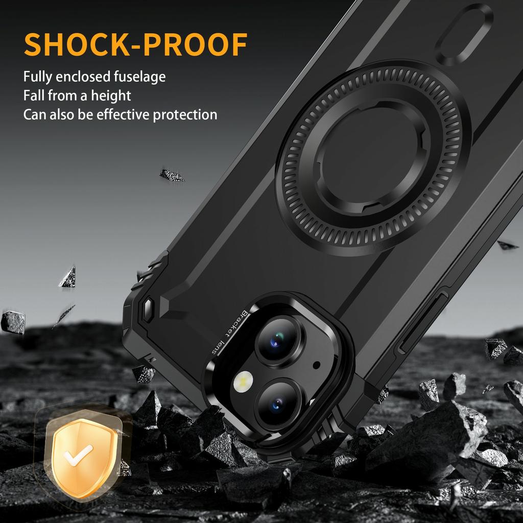 For iPhone 15 Magnetic Case Lens Kickstand PC+TPU Shockproof Phone Cover