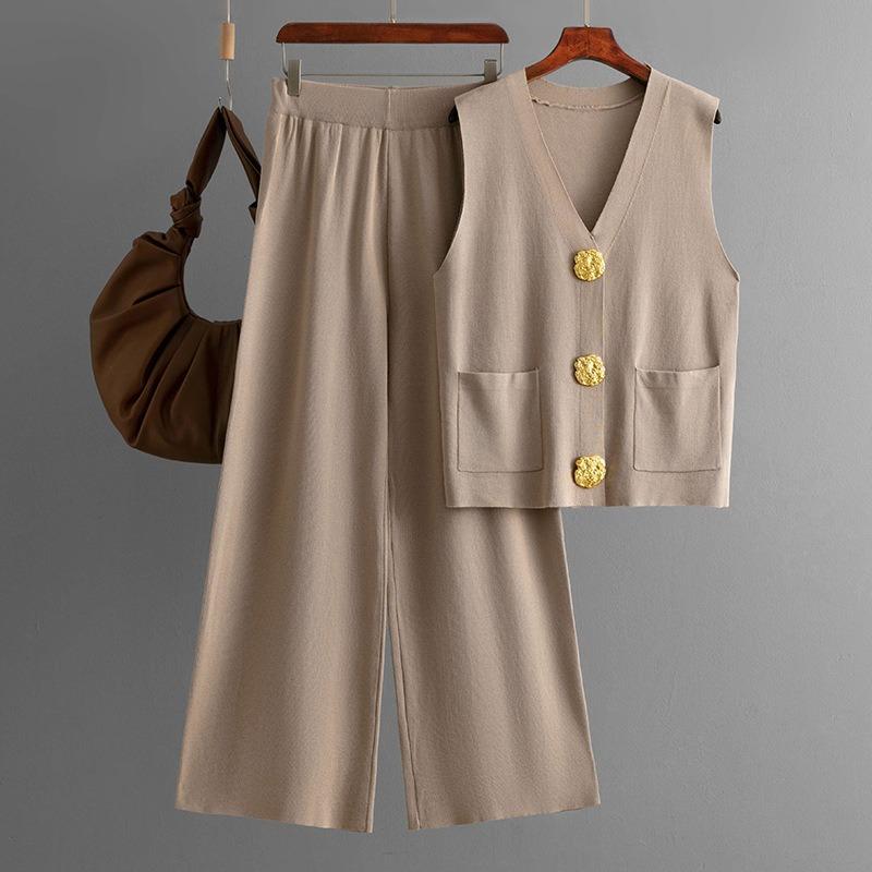 Fashion Suit Women's Summer New Sleeveless Button-knitted Top + Solid Color Casual Wide-leg Pants Two-piece Set
