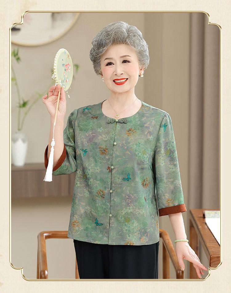 Silk Short-Sleeve Tang Shirt for Elderly Women