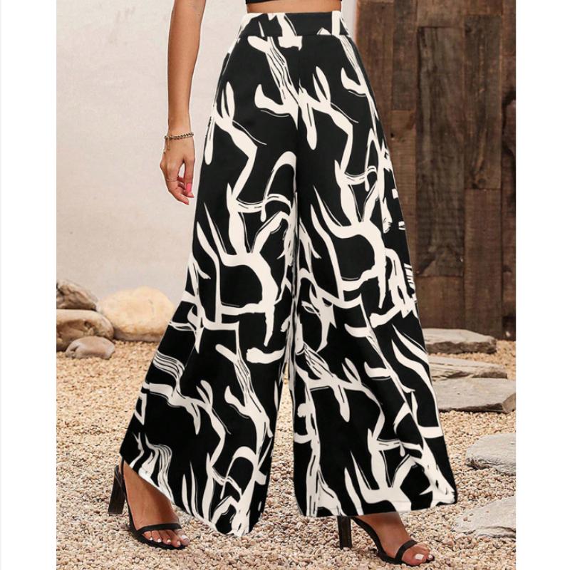 Pantaloni Casual da Donna alla Moda Stampati a Vita Alta Larghi per Primavera ed Estate