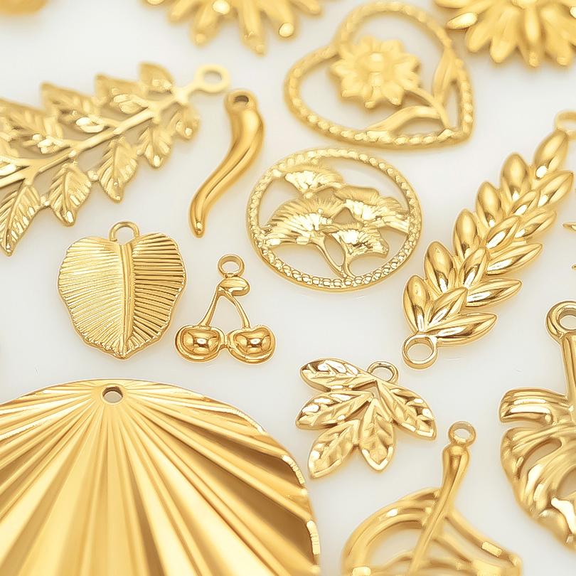 18k Real Gold Plated Stainless Steel Flower Charms Leaves Pendants For Jewelry Making Supplies Breloque Acier Inoxydable Pendant