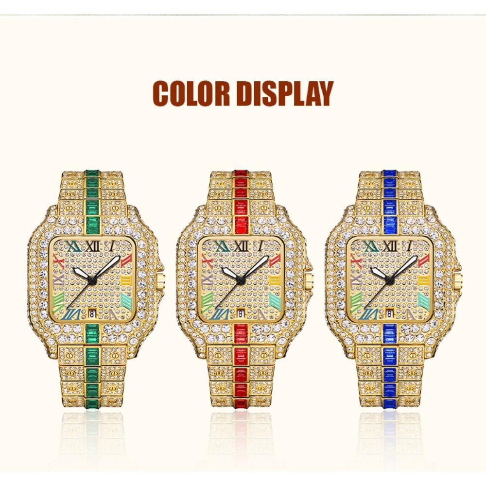Hip Hop Iced Square Quartz Watch for Men Full Diamond Calendar Luxury Watch