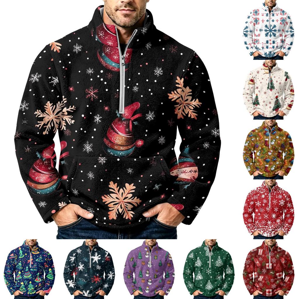 Men's Christmas Print Flannel Zip-Up Sweatshirt with Stand Collar, Plus Size Casual Top for Fall Winter