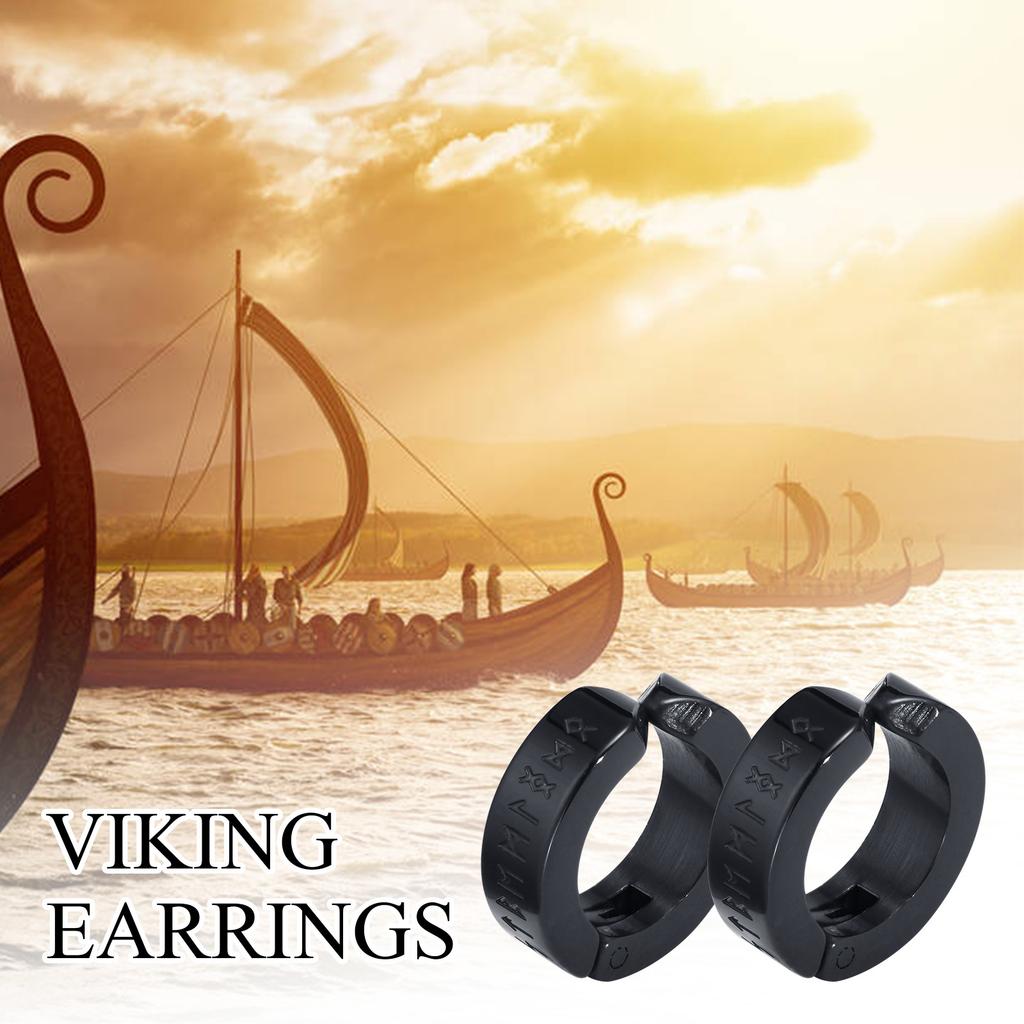 Mens Norse Viking Runes Ear Clips 13mm Stainless Steel Huggie Hoops No Piercing Jewelry Gift for Boys