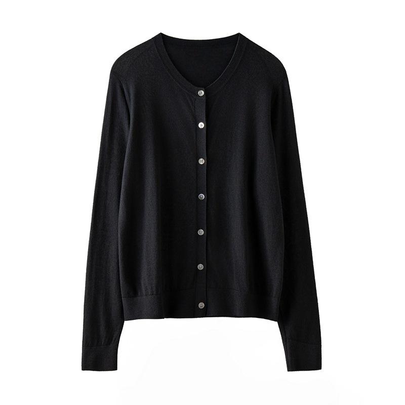Women's Round Neck 100% Wool Knit Cardigan Sweater - Single-Breasted, Thin German Yangzi Yarn Design