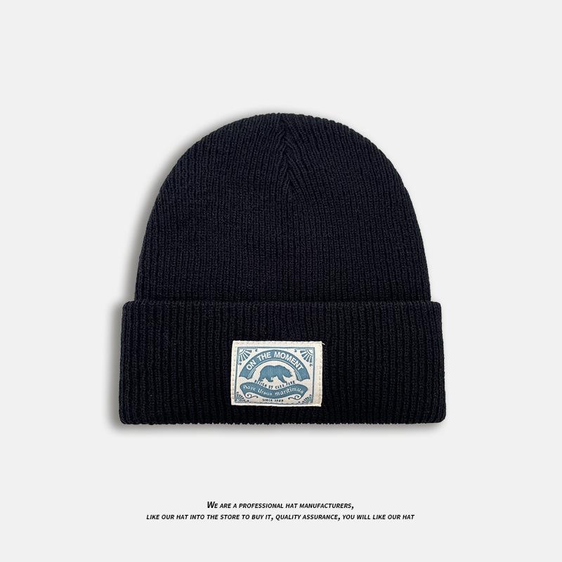 

New Autumn and Winter Woolen Hat for Women Japanese Style Cute Polar Bear Patch Pullover Hat Warm Knitted Melon Skin Hat for Men Trendy One Size