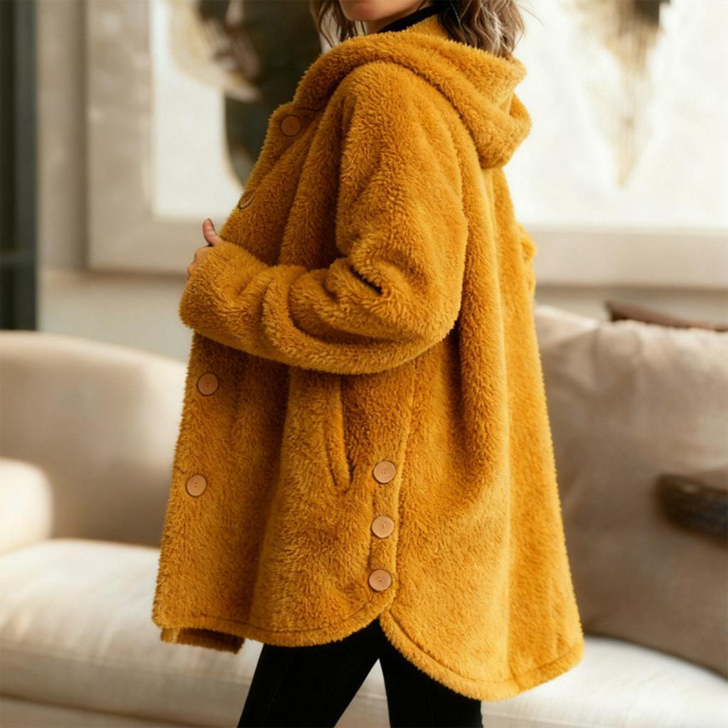 Women's Fashion Fuzzy Color Button Pocket Hooded Long Sleeve Loose Warm Jacket
