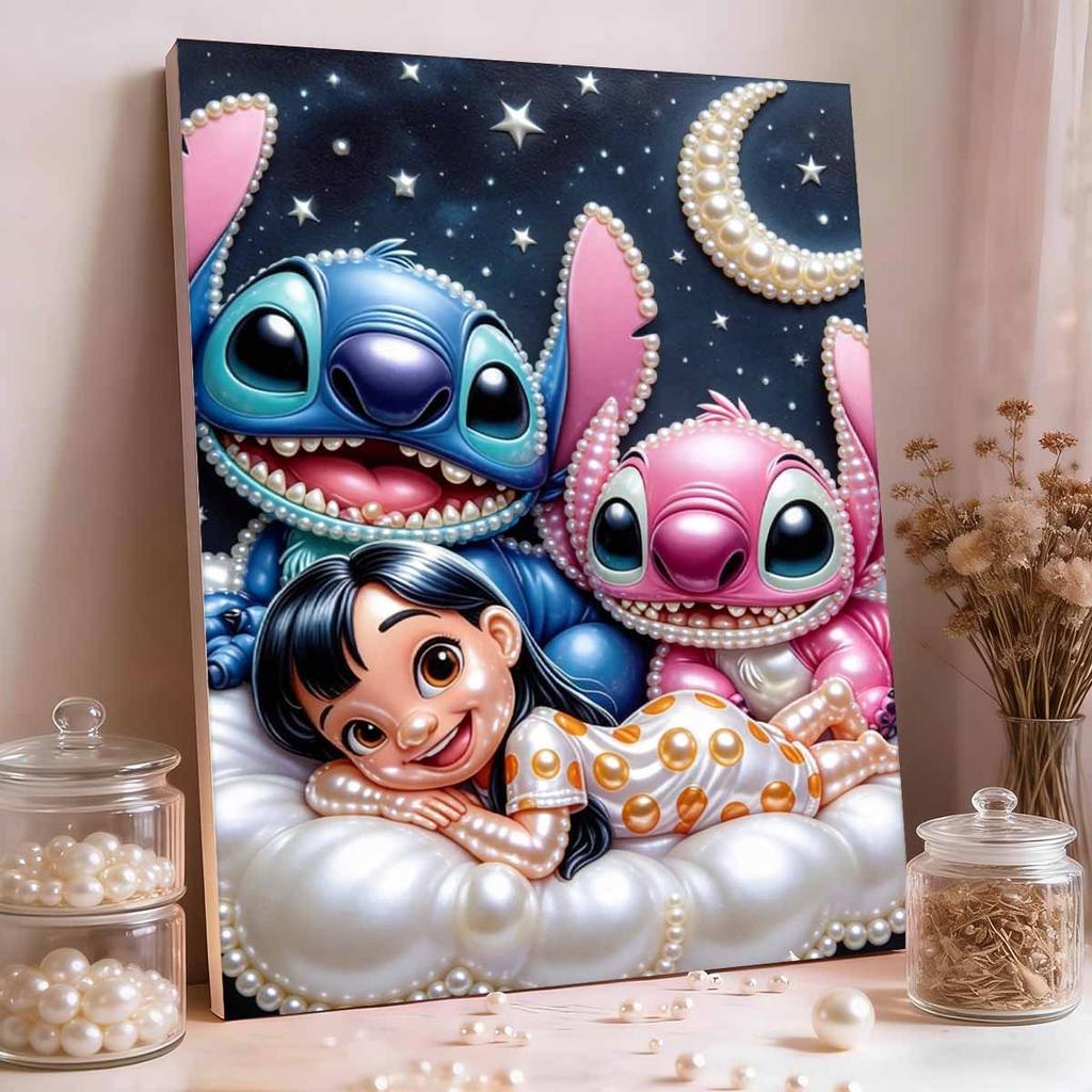 Starry Cloud Lilo, Stitch & Angel New Pearl-Inlaid Frameless Art | Handmade Pearl Craft, Starry Moon Cloud Theme, for Cute Dopamine Decor
