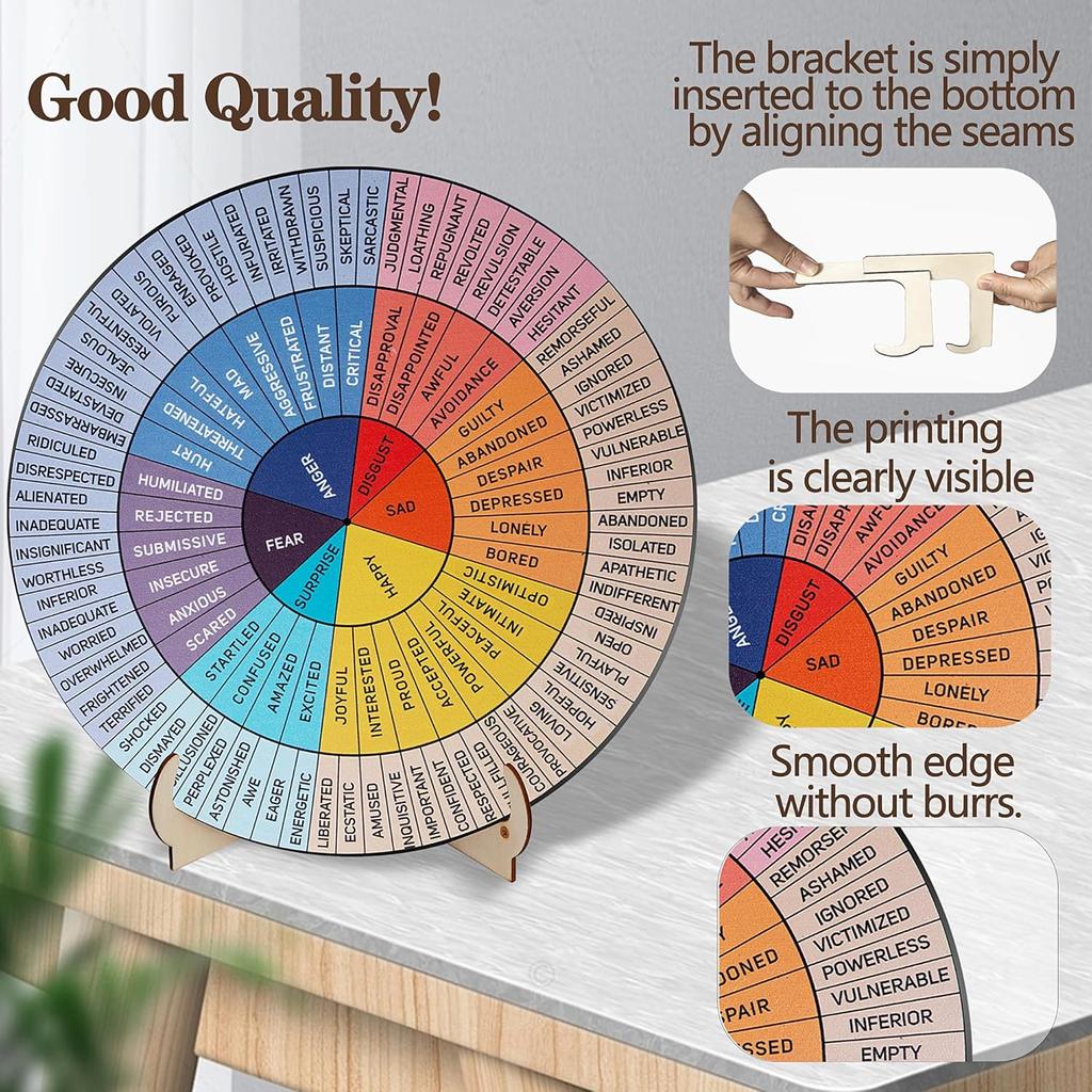 Feelings Wheel Therapy Office Decor, 9.7 Inches Diameter Large Double Sided Mental Health Decor Emotion Wheel with Stand, Wooden Coping Wheel Chart