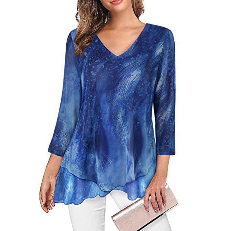 Summer New Seven Quarter Sleeve Casual Loose Shirts Women Asymmetrical V Neck Slim Print Elegant Blouse Women Fashion Lady Tops Plus Size Shirt 26490