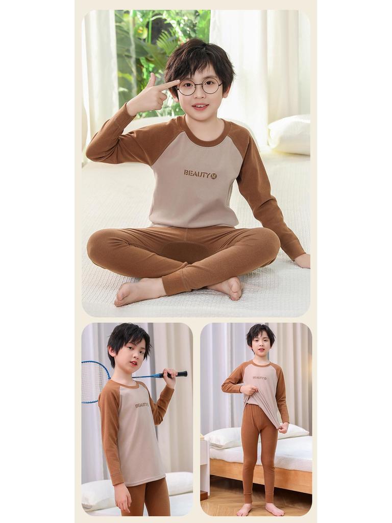 Kids' Raglan Color Block Long Sleeve Pajama Set - Autumn/Winter Warm Underwear for Boys & Girls