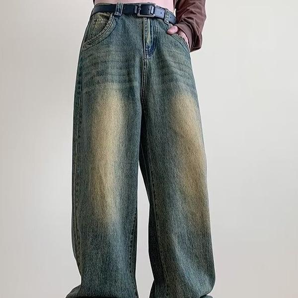 JYL Men's Ripped Jeans Vintage Washed Loose Wide-Leg Floor-Length Denim Pants