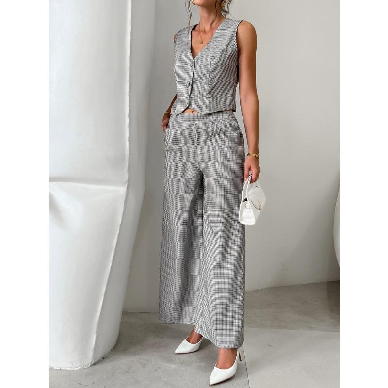 Women's checkered cardigan suit vest wide-leg trousers suit women's clothing