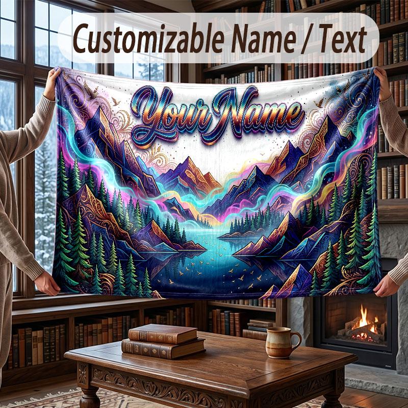 Mountain Landscape Theme Throw Blanket Custom Name Text Personalized Blanket Soft Cozy Blanket for Home Sofa Bed