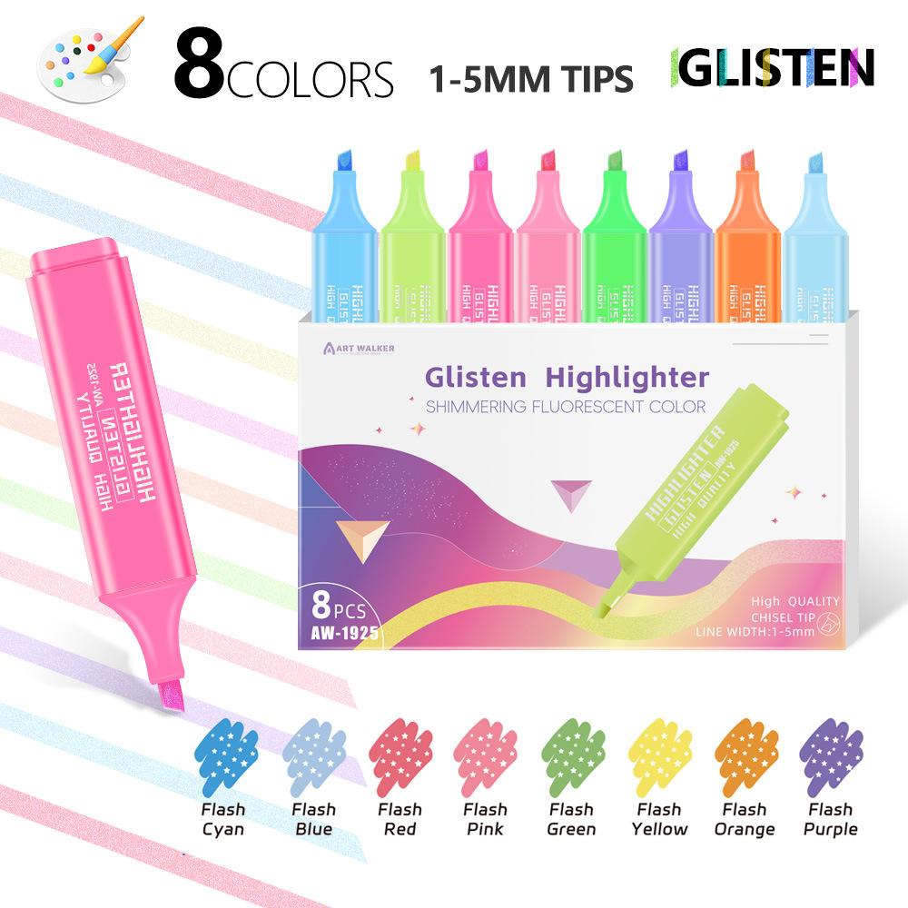 8 Colors Glitter Highlighter Set Kids Drawing Graffiti Pens,School Office Stationery Student Hand Account Journaling Marker Pens