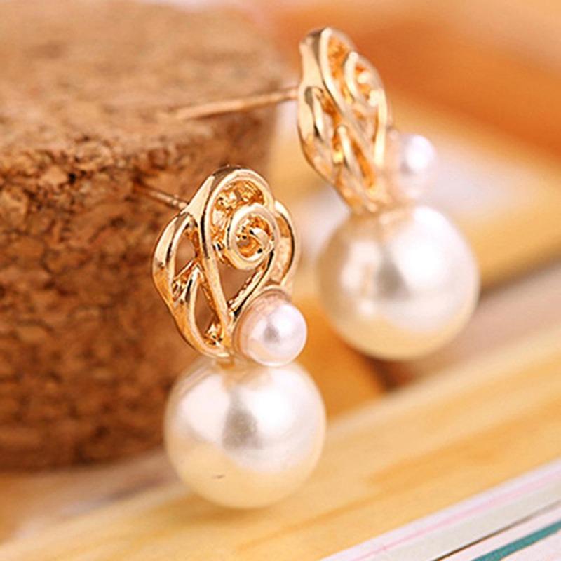 Women's White Pearl Gold-toned Ear Studs Earrings Bride Jewelry Gift Eardrop