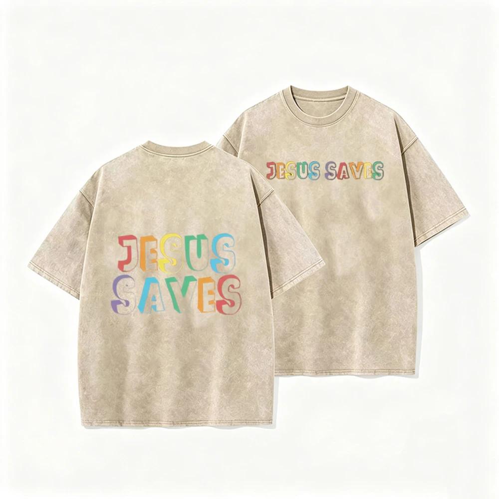 Vintage Spłowiony Dwustronny T-shirt Kolorowy Jezus Zbawca Oversize Chrześcijańska Wiara Streetwear Krótki Rękaw