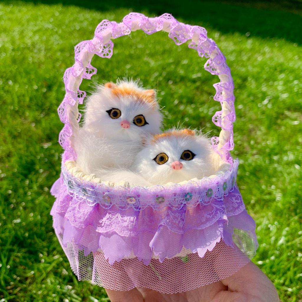 Mother Cat and Kitten with Basket Figurine - Toy Gift for Kids or Girlfriend