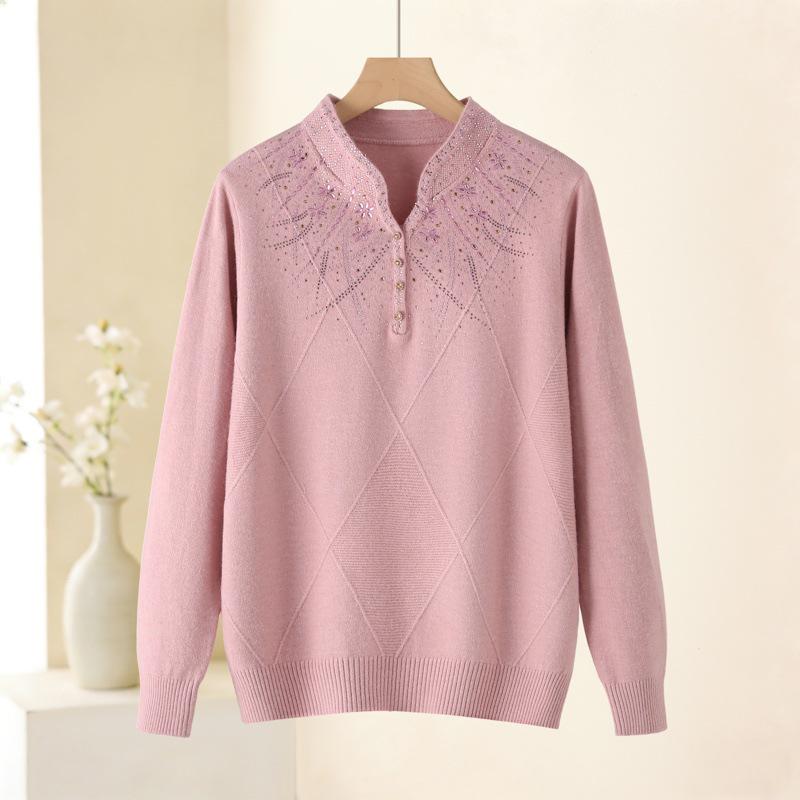 2026 Stylish Knit Qipao Collar Top for Middle-Aged and Elderly Women - Fashionable Autumn/Winter Sweater