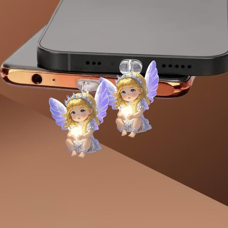 2Pcs Diy Accessories For Phone Type-C Interface Dust Plug Hanging Decoration 2D Flat Acrylic Angel Fairy Cat Phone Dust Plug