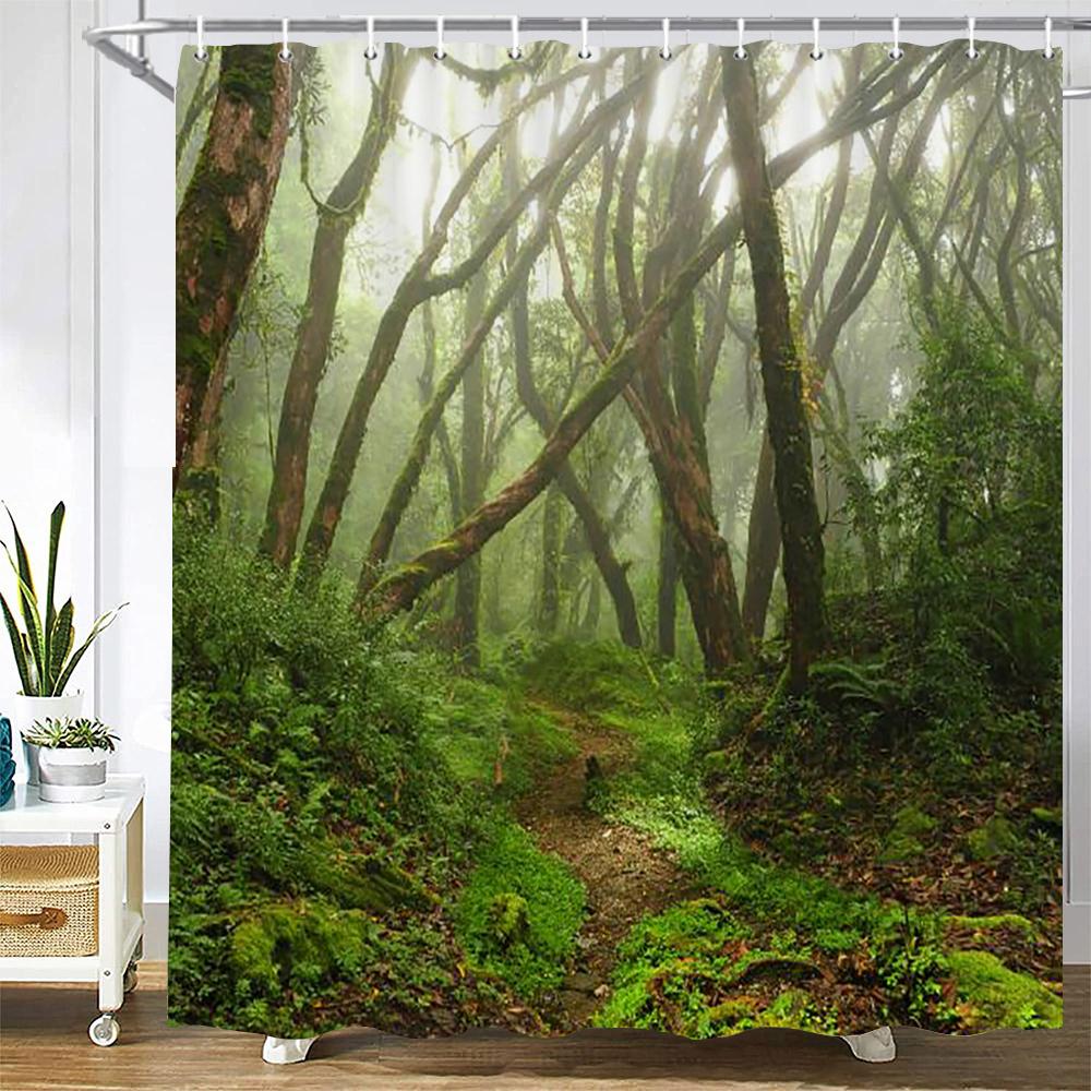 Tropical Rainforest Forest Shower Curtains Bathroom Curtain 3D Natural landscape Fabric Waterproof Bath Curtain with Hooks