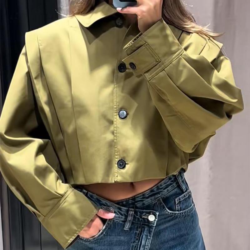 

Куртка-кроп топ с отложным воротником и завышенной талией с плиссированным дизайном женская с длинными рукавами однотонная короткая куртка для работы осень 2025 L