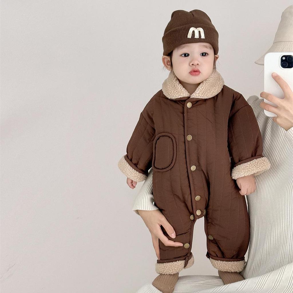 Coffee-Colored Fleece-Lined Baby Romper: Trendy Padded Cotton Jumpsuit for Boys/Girls