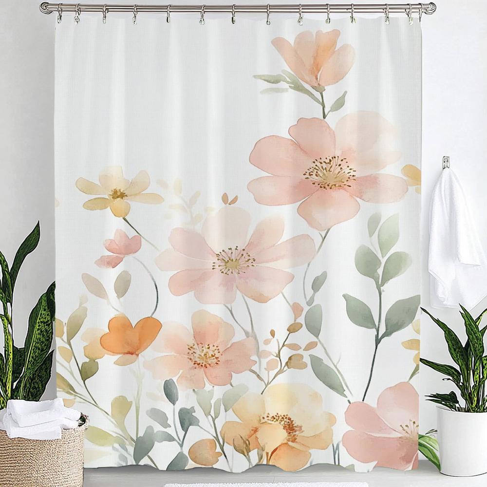 Watercolor Botanical Floral Leaf Shower Curtain, Floral Bathroom Decorative Shower Curtain, Print Fabric Home Curtain with Hooks