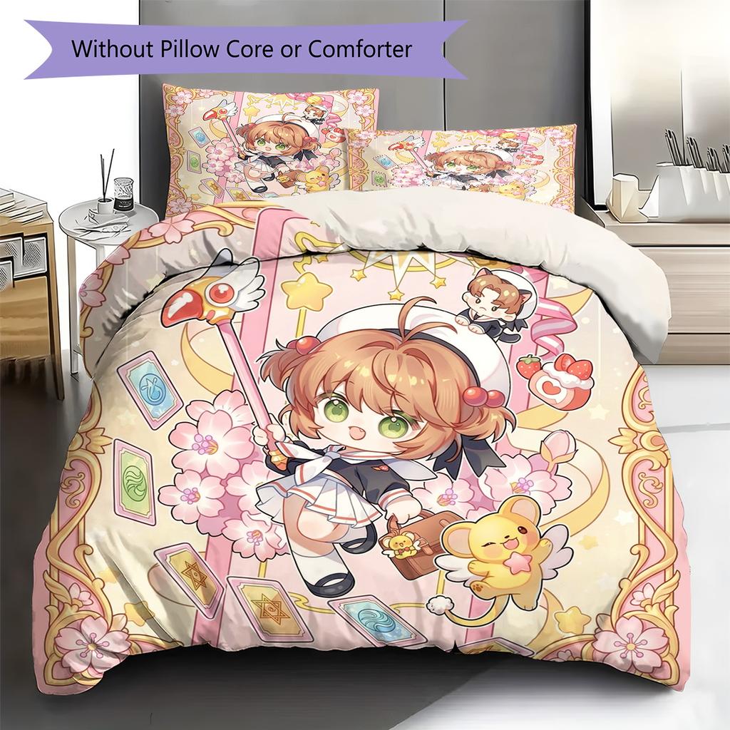 Cardcaptor Sakura Muster Bettwäsche Bettdecke Set Bettbezug Kissenbezug Heimdekoration Geburtstagsgeschenk (1 Bettbezug + 2 Kissenbezüge, ohne Füllung)