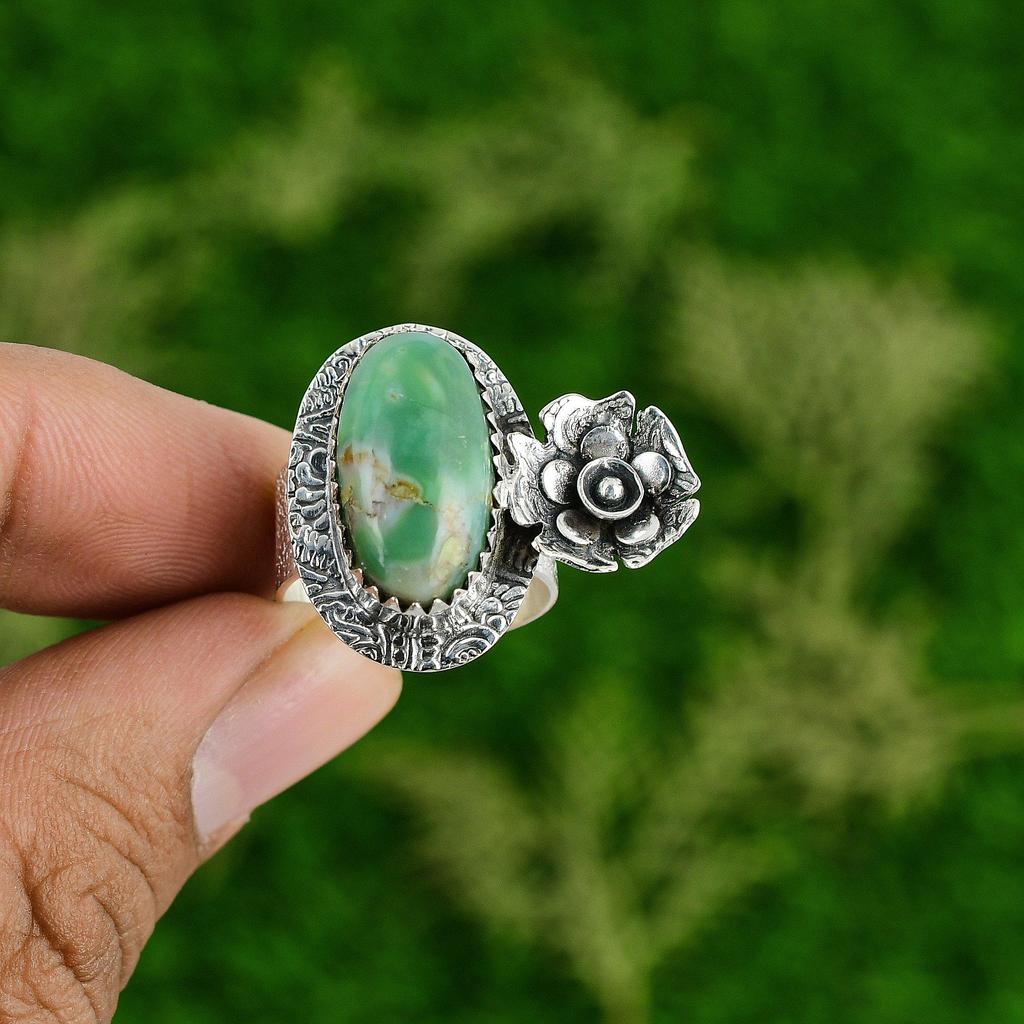 Natural Chrysoprase Gemstone Promise Flower Ring Size 7 925 Silver For Women