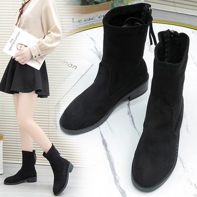 New Shoes for Women Fashion Zipper Women's Boots Winter Round Toe Solid Flock Casual Short Barrel Low-heeled Roman Shoes Women