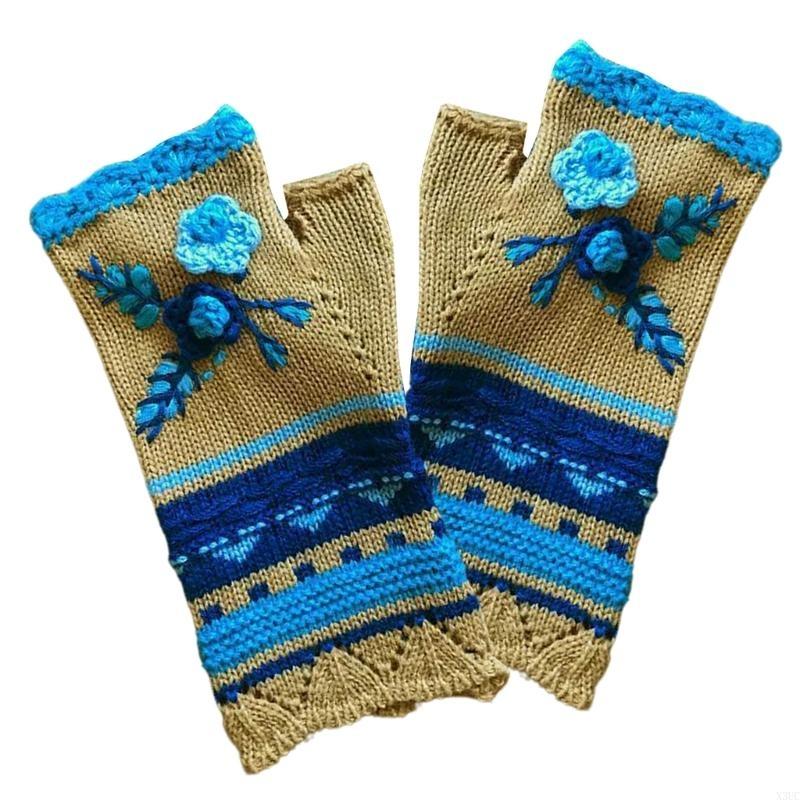 Stylish Half Finger Gloves for Women Knitted Winter Wrist Warmers with Floral Embroidery X3UC