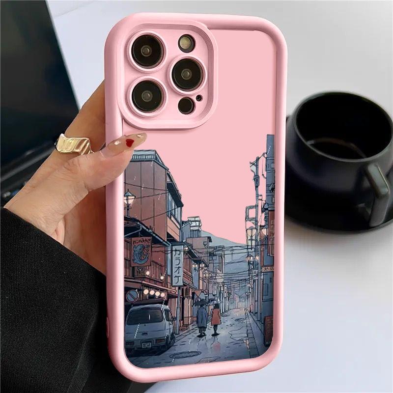 Rainy Night Streetscape Pattern Shockproof Case For iPhone 16 15 Plus 14 Pro Max 13 12 11 XS XR 8 Lens Protection TPU Soft Matte Silicone Phone Cover